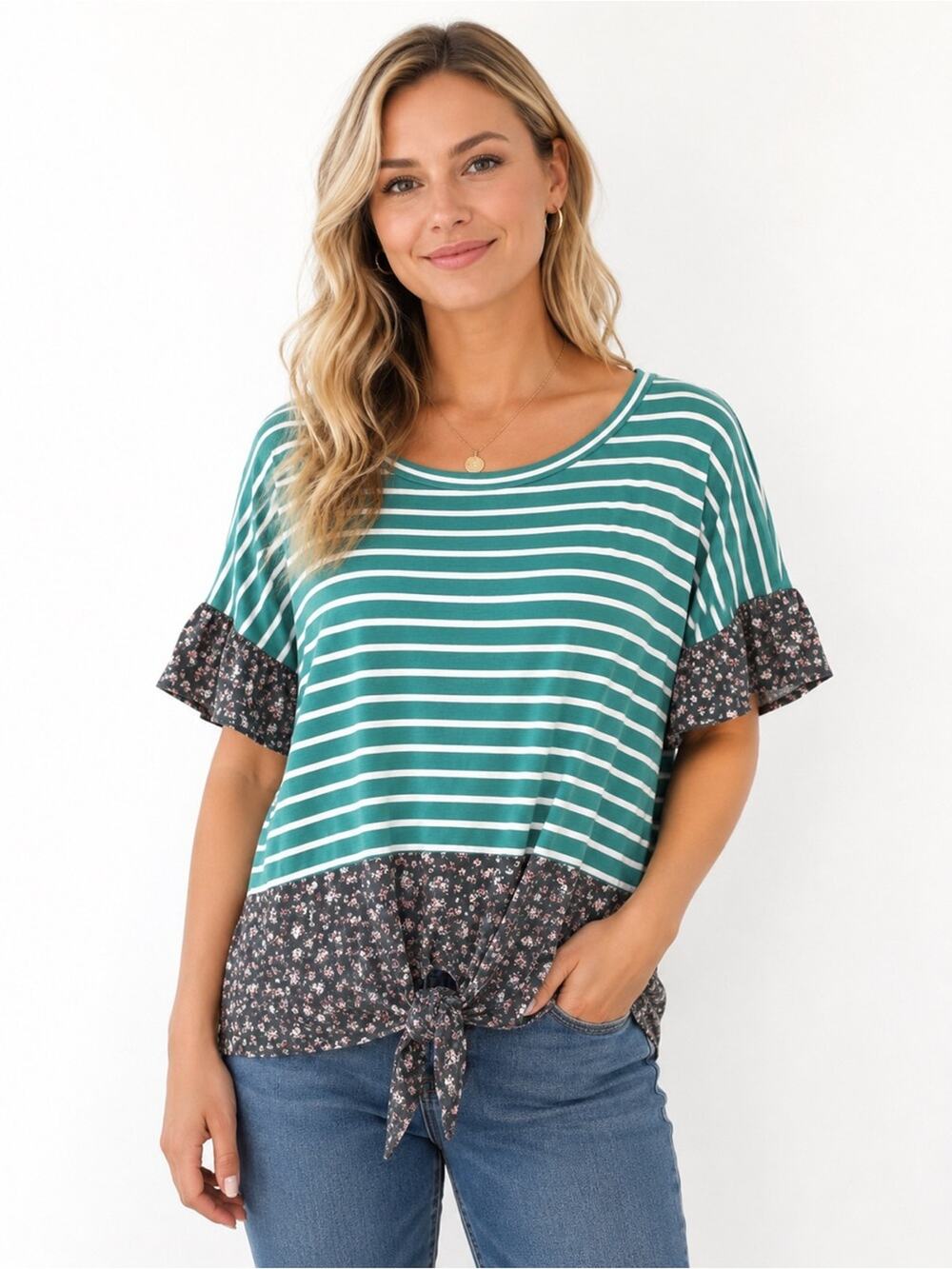 A.gain Mixed Media Stripe Top Size L